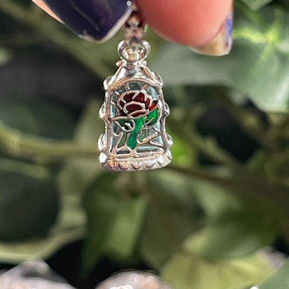 Disney Beauty Beast Dangling Charm Glass Rose Belle Princess Bracelet Silver - Picture 5 of 11